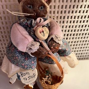 Megan “Born To Shop” CAT Figurine Sculpture - Fabric Dressed - Resin Head/Limbs